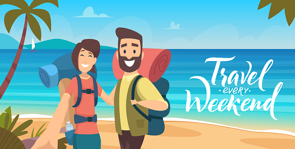 Sea travelers. Male and female characters making selfie on seaside landscape vector banner or placard template of travel woman and man near sea illustration