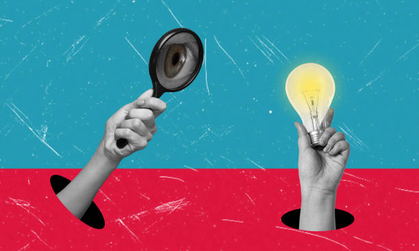 Finding unique and talented employees, the hand with magnifying glass, the hand with a light bulb.