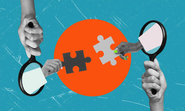 istock Contemporary art collage. People are assembling puzzles with a magnifying glass, symbolizing teamwork. 2065246768