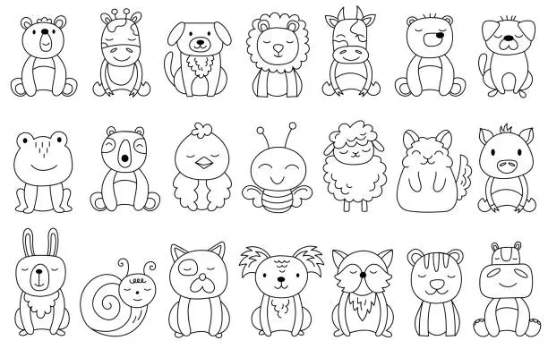 Vector illustration of Cute doodle little animals, birds, insects outline coloring graphic drawing set vector illustration