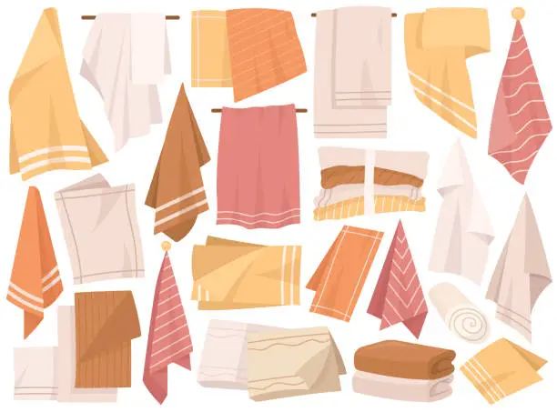 Vector illustration of Folded, rolled, hanged bath shower, kitchen, beach textile towels, cotton hygiene washcloth set