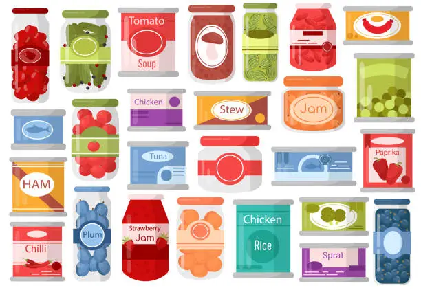 Vector illustration of Canned food set with different jars and containers filled sweet jam, meat, tuna, sauce conserve