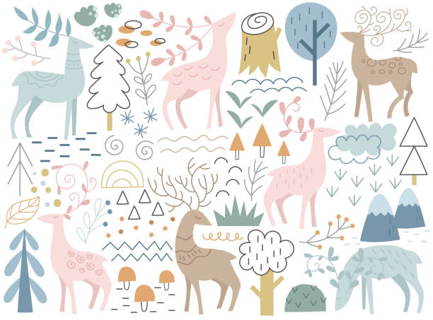 Hand drawn horned deer, doe, moose characters walking, grazing grass in forest among woods set Hand drawn deer, doe, moose characters walking, grazing grass in forest among woods. Stylized artistic pattern with wild horned animals and tree plant, mountains landscape element vector illustration how to draw a moose drawing stock illustrations