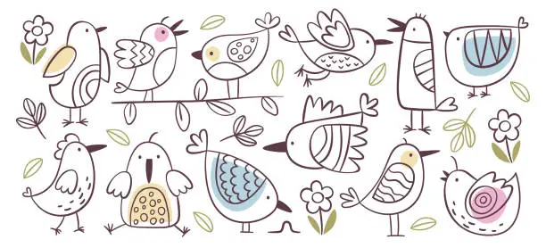 Vector illustration of Cute birds singing, sitting, tweeting and flying doodle outline drawing prints vector illustration