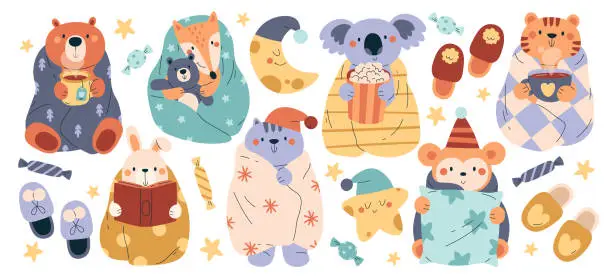 Vector illustration of Cute wild and domestic animals characters wrapped in warm cozy blankets and plaid isolated set