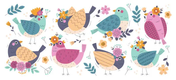 Vector illustration of Various cute colorful birds characters with different folk ornaments, bloom bouquet, flower wreath