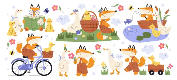 Vector illustration of Cute fox and goose friends cartoon characters spending fun time together vector illustration