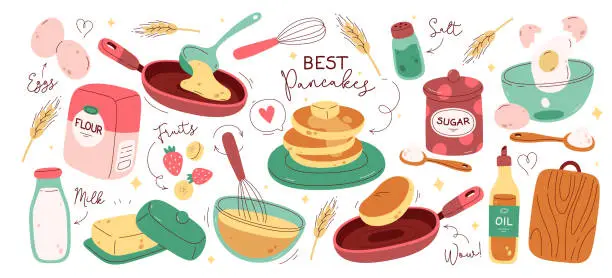 Vector illustration of Homemade sweet delicious pancakes cooking recipe, cookware and ingredients set vector illustration