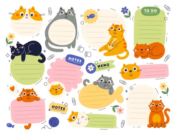 Vector illustration of Cute cat domestic pet animal and dairy, notes, memo, planner stickers template isolated set