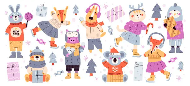 Vector illustration of Cute animals characters wearing warm winter clothes outwear for walk and play outside isolated set