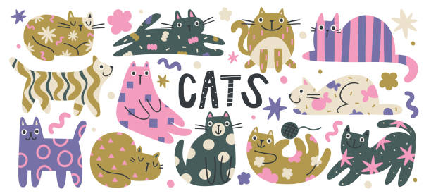 illustrations, cliparts, dessins animés et icônes de personnages de chats colorés avec différents motifs drôles et ornements ensemble illustration vectorielle - purebred cat illustrations