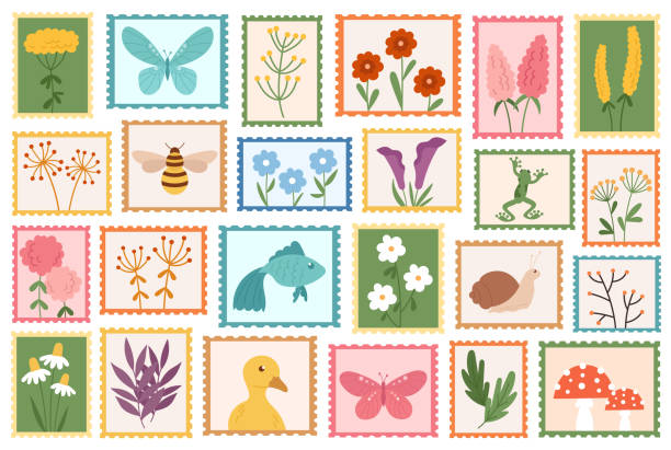 Post stamps with natural plants, mushroom, duckling, butterfly, fish and bee vector illustration Post stamps with natural flourish plants, mushroom, duckling, butterfly, fish and bee insect vector illustration. Set of mail envelope postage labels with cute decorative floral drawing design set message of nature stock illustrations