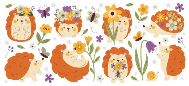 Vector illustration of Cute hedgehogs characters carrying spring wild flowers on back, in hand, on head vector illustration