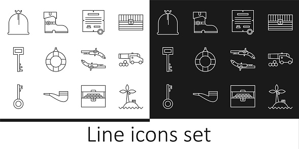 Set line Tropical island in ocean Cannon with cannonballs Decree parchment scroll Lifebuoy Pirate key sack Vintage pistols and Leather pirate boots icon. Vector.