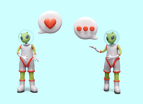 Love communication between aliens. Unusual dating agency. Modern messenger. 3D humanoid, comment icon. Lets play. Advertising concept for funny web design