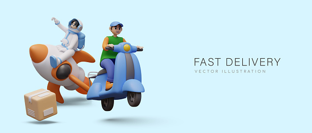 Creative fast delivery advertising in cartoon style. Astronaut flies on rocket, man races on scooter. Courier services. Vector template for social networks