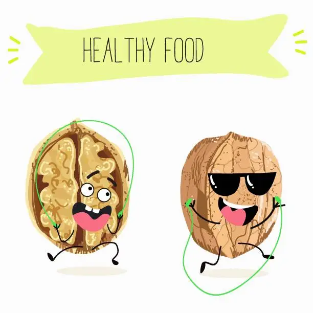 Vector illustration of Cute  cartoon nut, walnut characters with different activities. Flat vector illustration, funny nuts. Organic food.