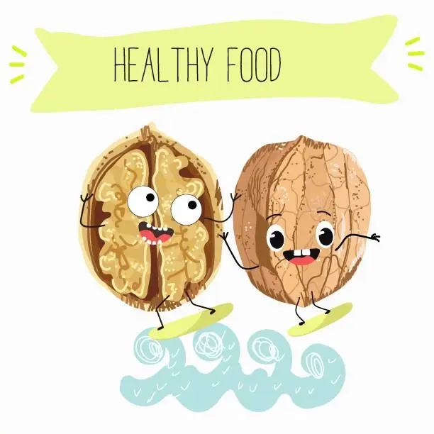 Vector illustration of Cute  cartoon nut, walnut characters with different activities. Flat vector illustration, funny nuts. Organic food.