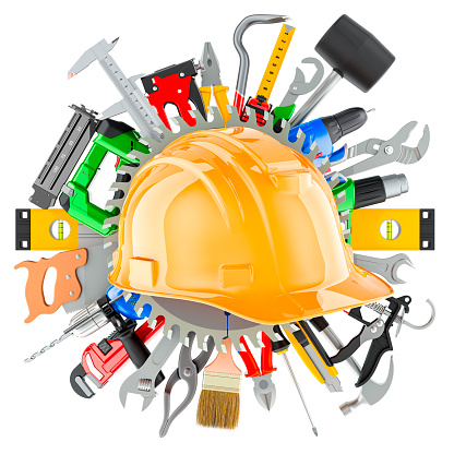 Construction Tools with orange hard hat. Assortment of work tools, 3D rendering isolated on white background
