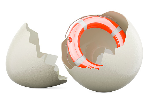 Lifebelt inside broken chicken egg, 3D rendering isolated on white background