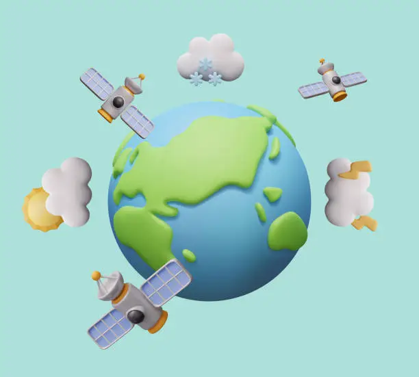 Vector illustration of Satellites with solar panels fly around Earth. Climate condition