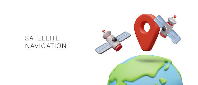 Satellite navigation. Earth with huge red geo tag, space satellites with solar panels. Determining location, building optimal route. Remote control and support