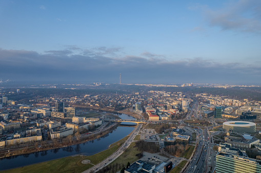 Aerial spring view of sunrise in Vilnius city center, down town, Šnipiškės district, Lithuania
