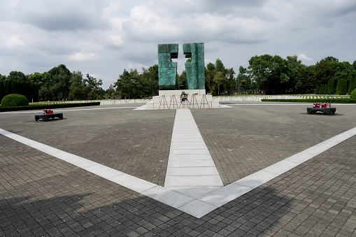 Wide shot of the memorial monument in the Vukovar cemetery (Croatia)