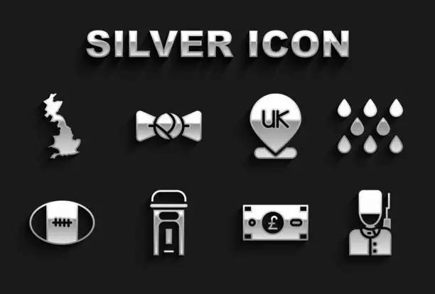 Vector illustration of Set London phone booth, Water drop, British soldier, Pound sterling money, Rugby ball, Location England, map and Bow tie icon. Vector