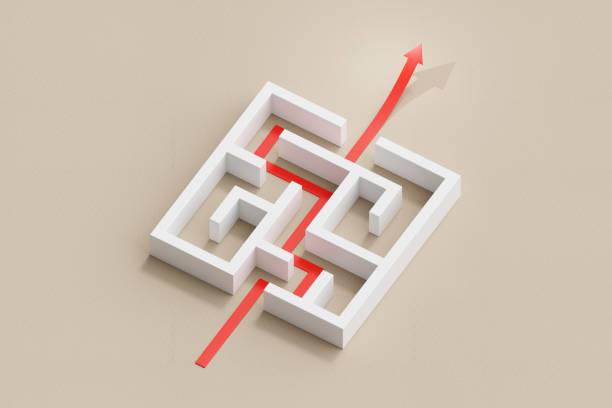 Success strategy arrow through maze way puzzle path on 3d solution labyrinth business background with direction decision goal thinking challenge entrance find achievement exit solving target concept. flecha de estrategia de éxito a través del camino del rompecabezas de la manera del laberinto en el fondo del negocio del laberinto de la solución 3d con la dirección, la decisión, el pensamiento del objetivo, el desafío, la entrada, la entrada, el l