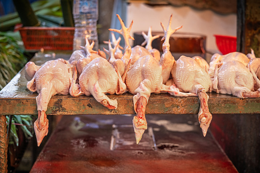 Fresh slaughtered chicken put up for sale at a market stall in the central Chow Kit market in the center of the Malaysian capital Kuala Lumpur