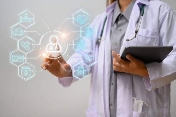 istock Unrecognizable doctor holding digital tablet touching virtual screen with medical icon. Medical service concept 2065291653