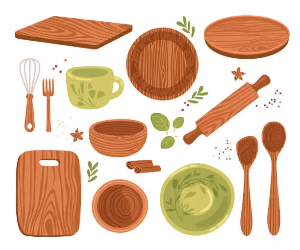 Vector illustration of Wooden utensils, natural kitchenware for cooking, tools made of wood eco-friendly material set