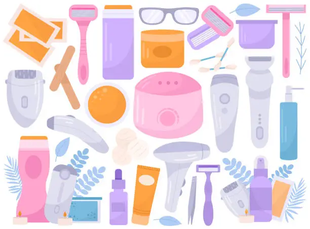 Vector illustration of Body hair removal tools equipment, cosmetics supply and appliance set for salon and home procedure