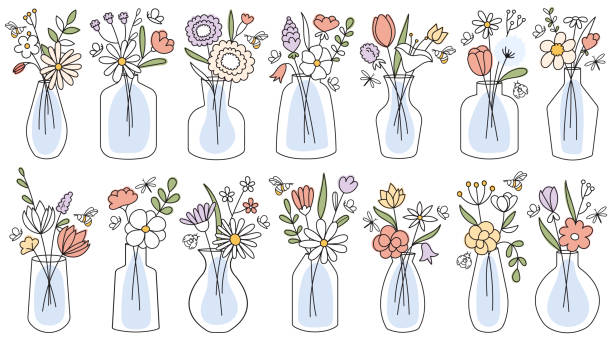Field and garden blooming flowers in glass jar or bottles hand drawn line vector illustration Field and garden blooming flowers in glass jar, vase or bottles hand drawn line design elements vector illustration. Floral home decor for cozy apartment interior isolated on white background wildflower drawing stock illustrations