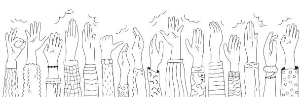 Vector illustration of Handdrawn human hands raising up clapping, applause gesture, okey and thumbsup fun doodle on white