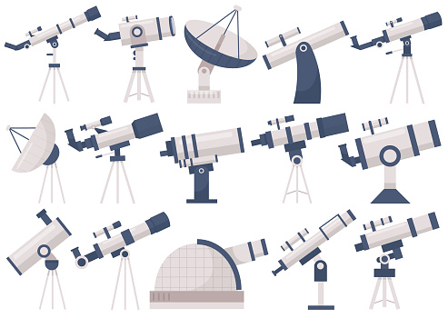 Astronomical telescopes isolated set with radio, orbital item, satellite dish, portable equipment for stars, space, planet and other cosmic bodies discovery, observation, studying vector illustration