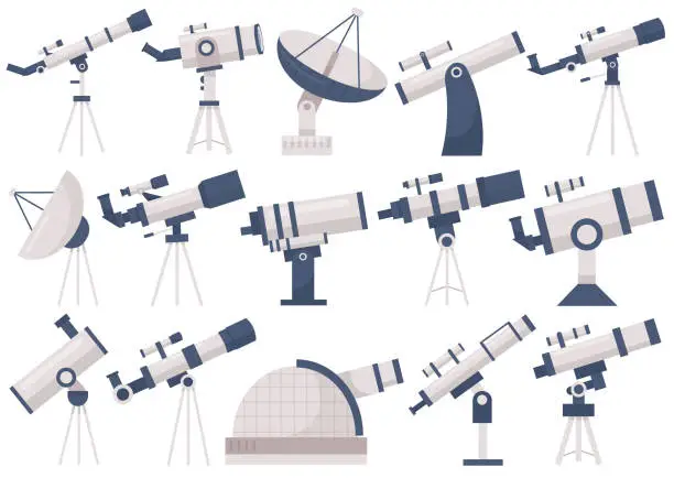 Vector illustration of Astronomical telescopes isolated set with radio, orbital item, satellite dish, portable equipment