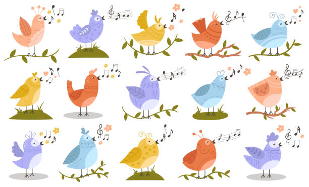 niedliche kleine vogelfiguren, die frühlingslieder auf baumpflanzenzweig singen vektorillustration - bird singing music pattern stock-grafiken, -clipart, -cartoons und -symbole