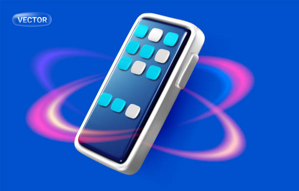 istock Vector illustration of realistic phone with dark color screen with app icon and circle flame on blue background. 3d style design of smart phone 2065299336