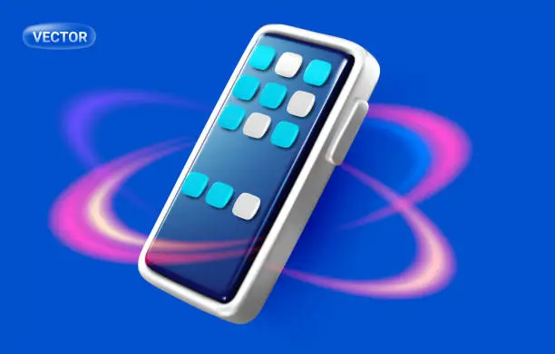 Vector illustration of Vector illustration of realistic phone with dark color screen with app icon and circle flame on blue background. 3d style design of smart phone