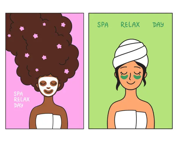 Vector illustration of Set of two cartoon women of different race on beauty procedures.