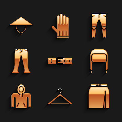 Set Leather belt Hanger wardrobe Skirt Winter hat with ear flaps Hoodie Pants and Asian conical icon. Vector.