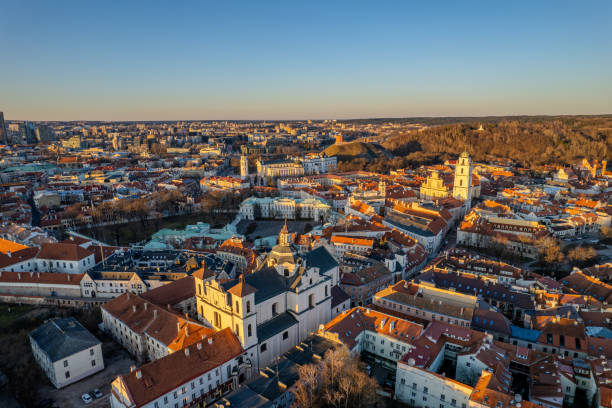 Aerial sunny spring view of Vilnius old town, Lithuania