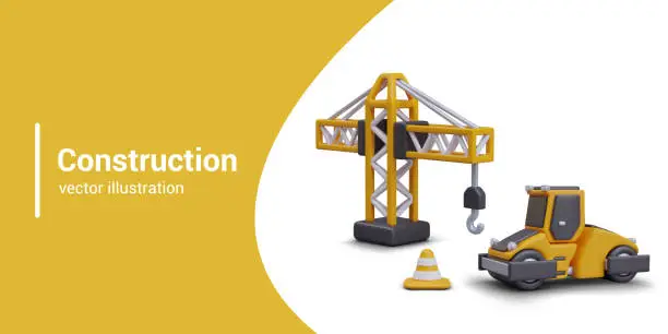 Vector illustration of Scene from construction site. Heavy construction equipment