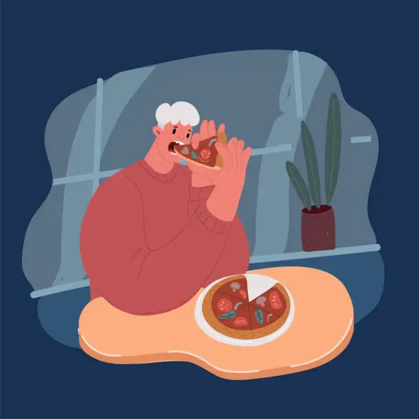 Vector illustration of Cartoon vector illustration of man eating a big slice of pizza and holding pizza in box