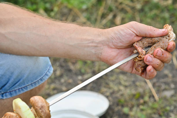 marinated meat is strung on a skewer for cooking shish kebab