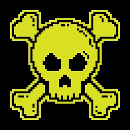 Pixel silhouette icon. Skull with crossbones, symbol of danger and threat to life and health. Simple black and yellow vector isolated