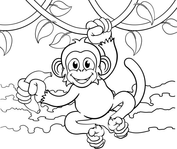 Monkey Singing On Jungle Vines With Banana Cartoon A monkey cartoon character singing on jungle vines with banana clip art of a monkey holding banana stock illustrations