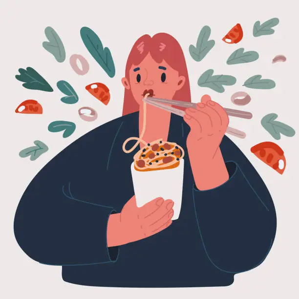 Vector illustration of Vector illustration of Cute girl eating noodles or ramen restaurant